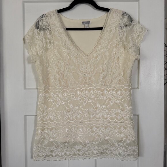 Vintage One West Women's Ivory Short Sleeve Lacey Blouse Sz XL Made In USA - Picture 1 of 8
